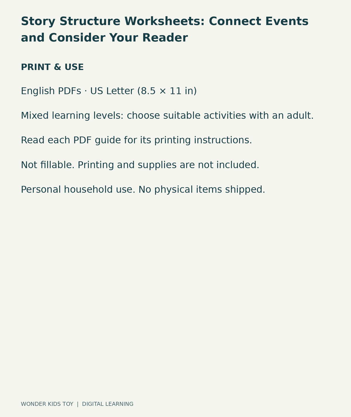 Story Structure Worksheets: Connect Events and Consider Your Reader: US Letter digital PDF print and household-use information