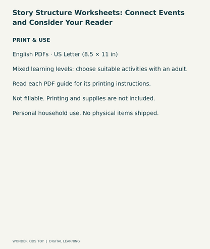 Story Structure Worksheets: Connect Events and Consider Your Reader: US Letter digital PDF print and household-use information