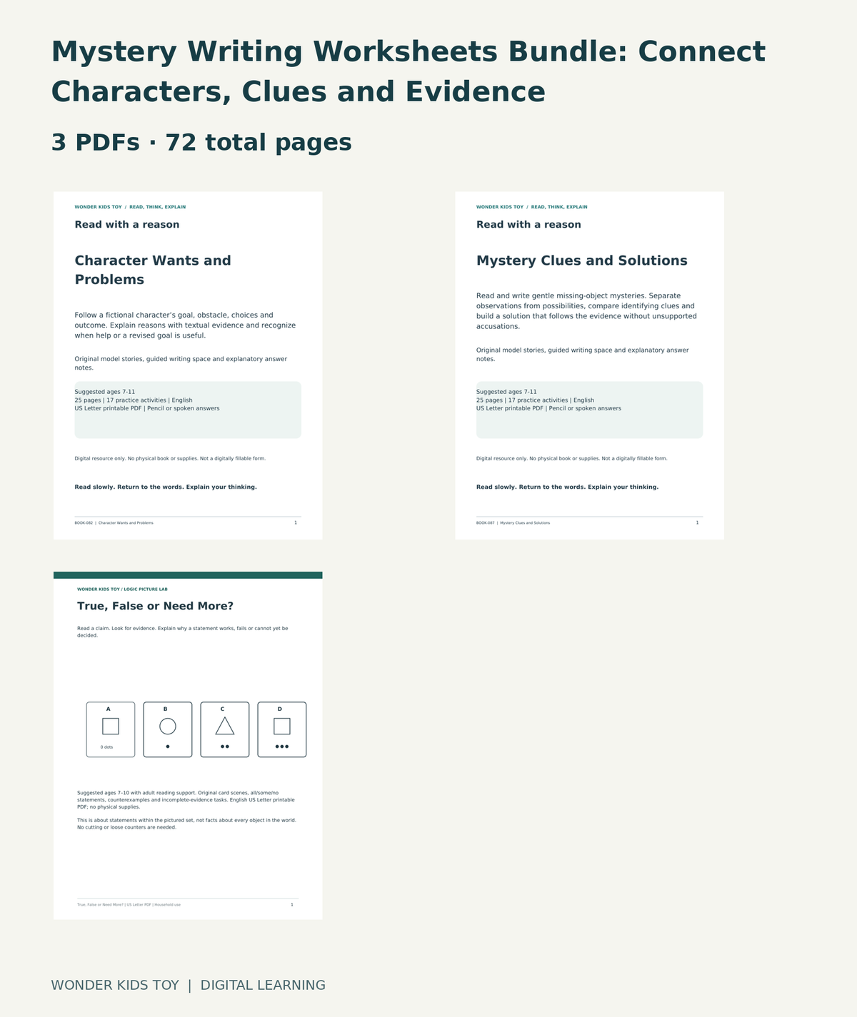 Mystery Writing Worksheets Bundle: Connect Characters, Clues and Evidence: actual included PDF covers