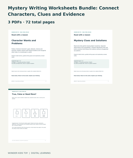 Mystery Writing Worksheets Bundle: Connect Characters, Clues and Evidence: actual included PDF covers
