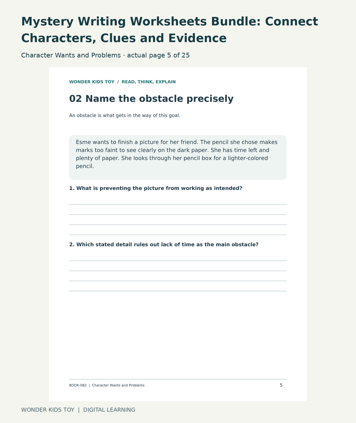 Mystery Writing Worksheets Bundle: Connect Characters, Clues and Evidence: Character Wants and Problems actual included page 5