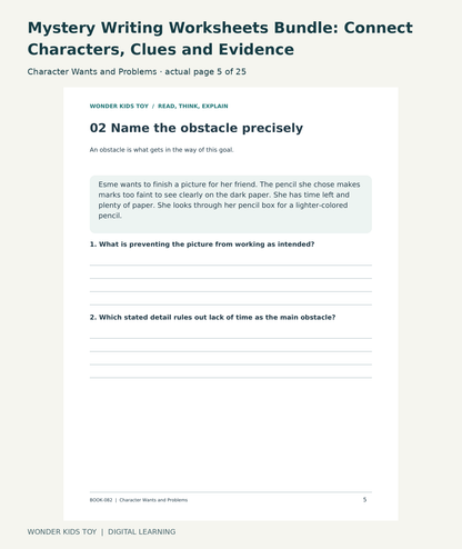 Mystery Writing Worksheets Bundle: Connect Characters, Clues and Evidence: Character Wants and Problems actual included page 5