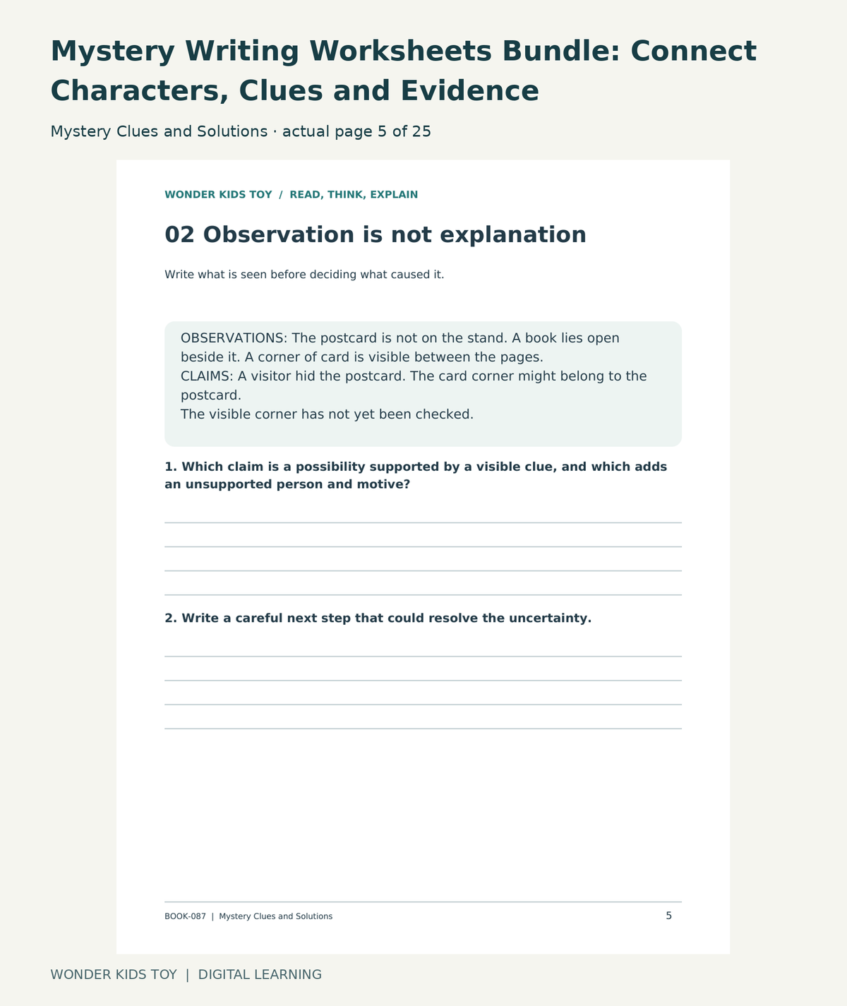 Mystery Writing Worksheets Bundle: Connect Characters, Clues and Evidence: Mystery Clues and Solutions actual included page 5