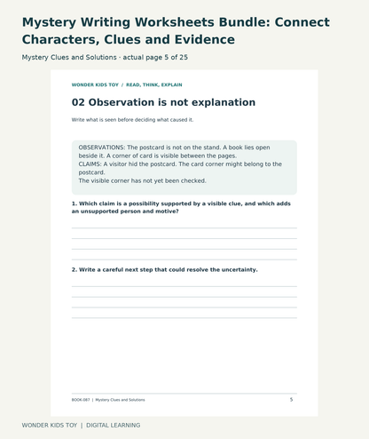 Mystery Writing Worksheets Bundle: Connect Characters, Clues and Evidence: Mystery Clues and Solutions actual included page 5