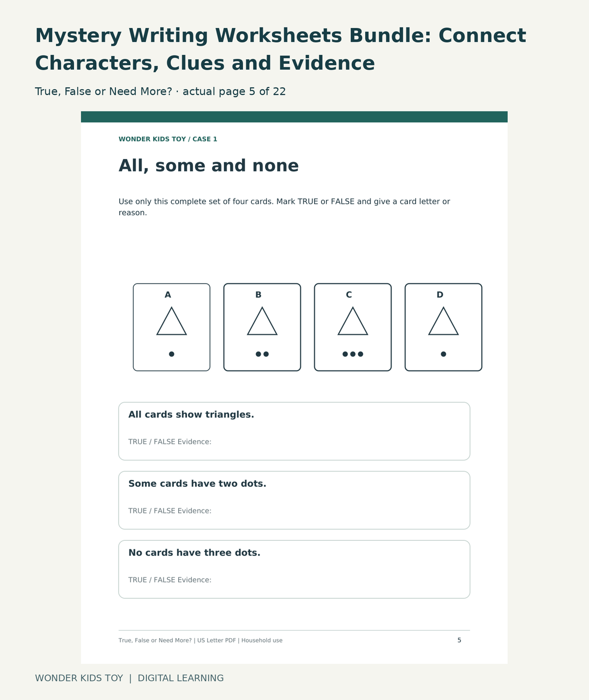 Mystery Writing Worksheets Bundle: Connect Characters, Clues and Evidence: True, False or Need More? actual included page 5