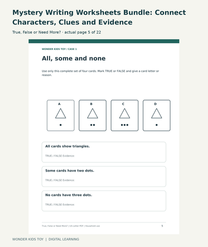 Mystery Writing Worksheets Bundle: Connect Characters, Clues and Evidence: True, False or Need More? actual included page 5