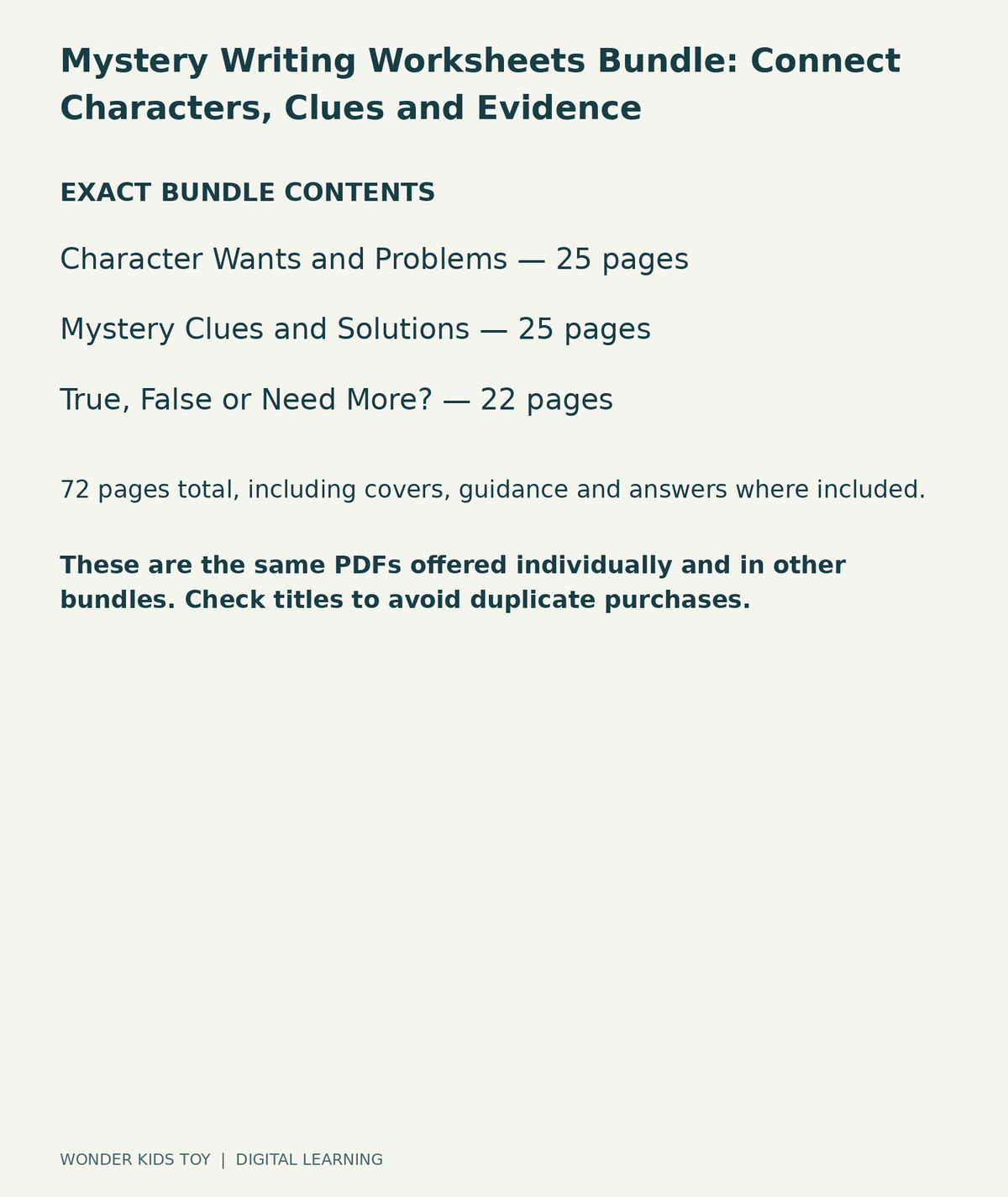Mystery Writing Worksheets Bundle: Connect Characters, Clues and Evidence: exact contents, 3 PDFs and 72 total pages