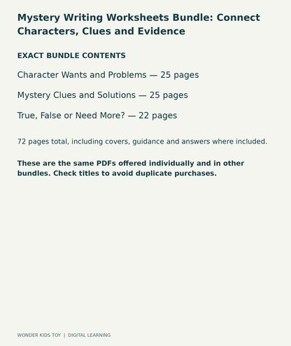 Mystery Writing Worksheets Bundle: Connect Characters, Clues and Evidence: exact contents, 3 PDFs and 72 total pages