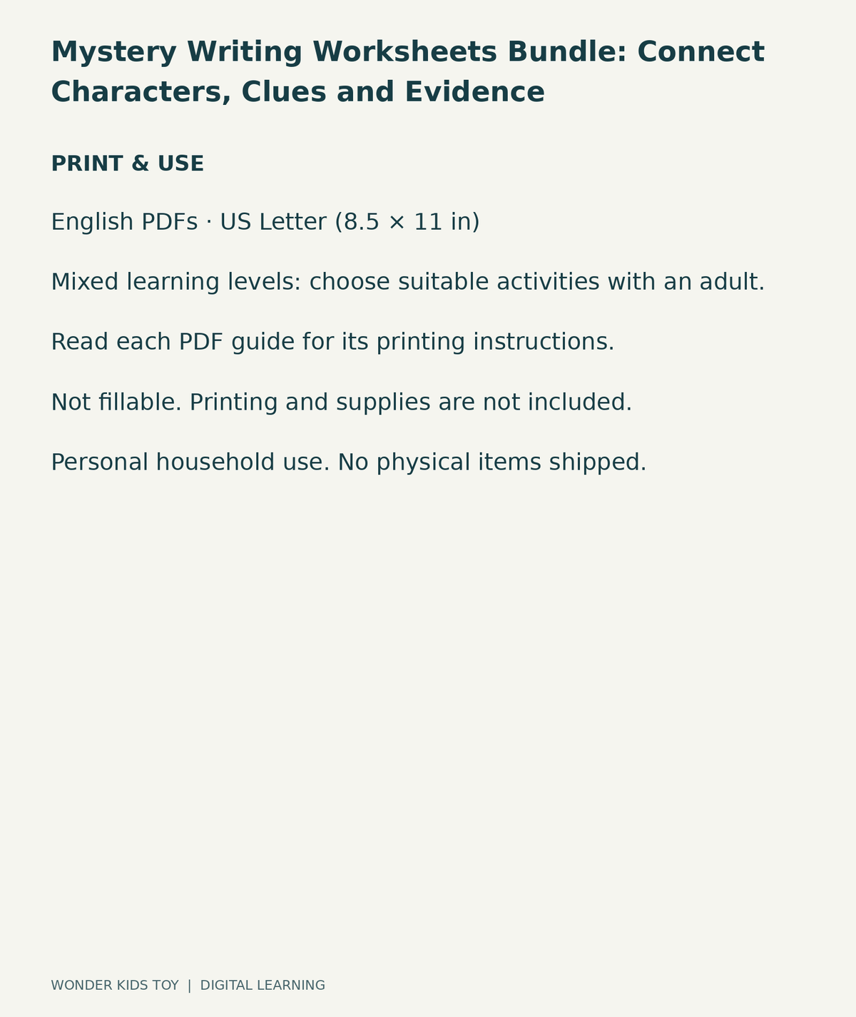 Mystery Writing Worksheets Bundle: Connect Characters, Clues and Evidence: US Letter digital PDF print and household-use information