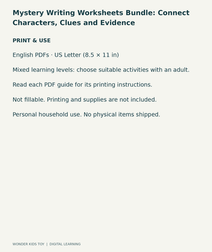 Mystery Writing Worksheets Bundle: Connect Characters, Clues and Evidence: US Letter digital PDF print and household-use information