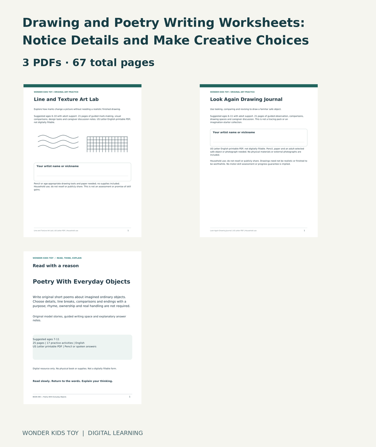 Drawing and Poetry Writing Worksheets: Notice Details and Make Creative Choices: actual included PDF covers