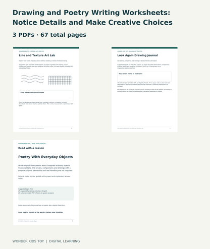 Drawing and Poetry Writing Worksheets: Notice Details and Make Creative Choices: actual included PDF covers
