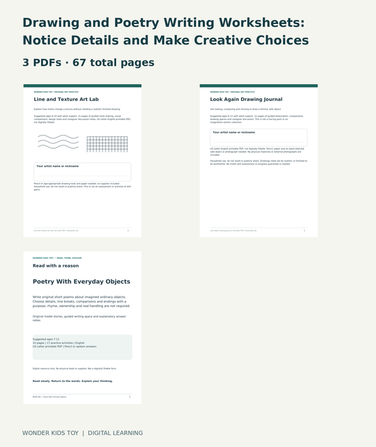 Drawing and Poetry Writing Worksheets: Notice Details and Make Creative Choices: actual included PDF covers