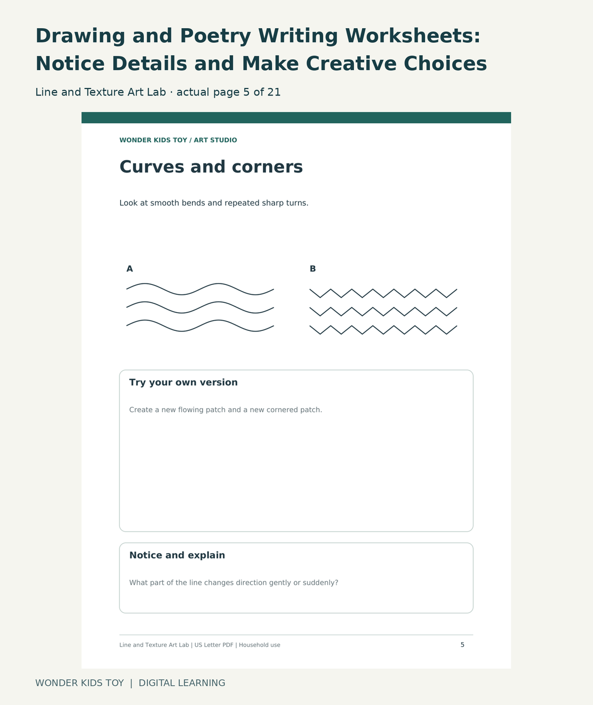 Drawing and Poetry Writing Worksheets: Notice Details and Make Creative Choices: Line and Texture Art Lab actual included page 5