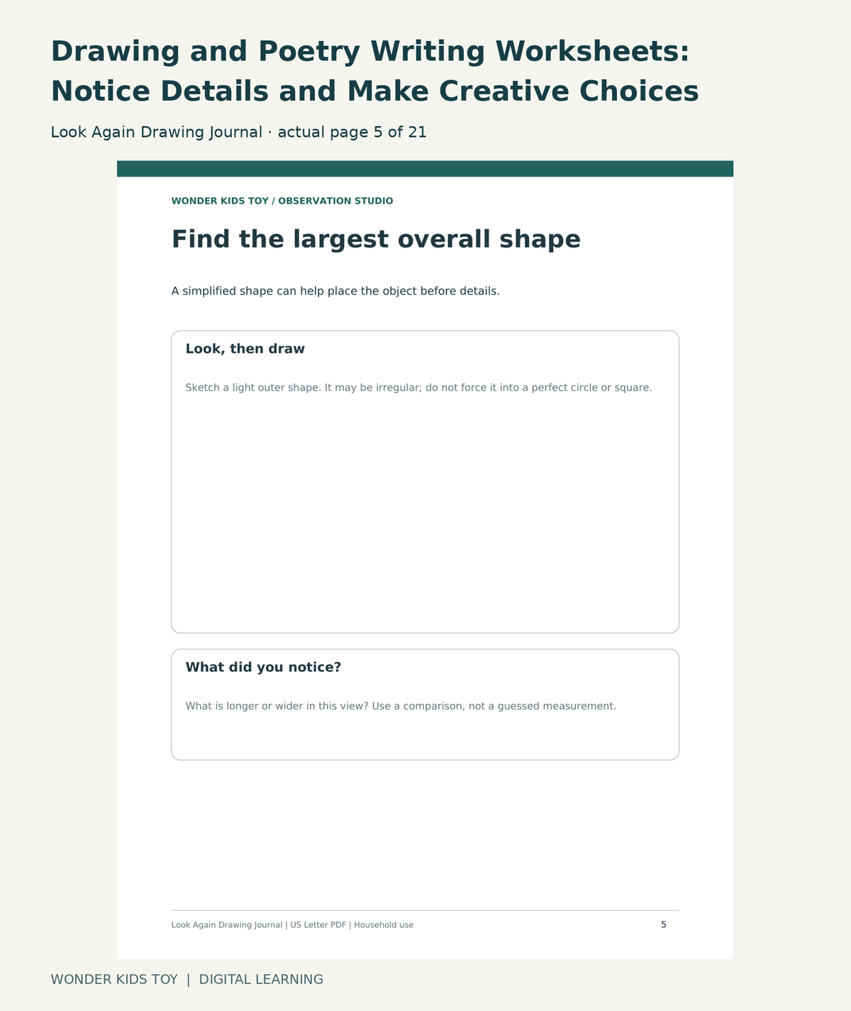 Drawing and Poetry Writing Worksheets: Notice Details and Make Creative Choices: Look Again Drawing Journal actual included page 5