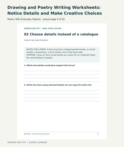 Drawing and Poetry Writing Worksheets: Notice Details and Make Creative Choices: Poetry With Everyday Objects actual included page 5