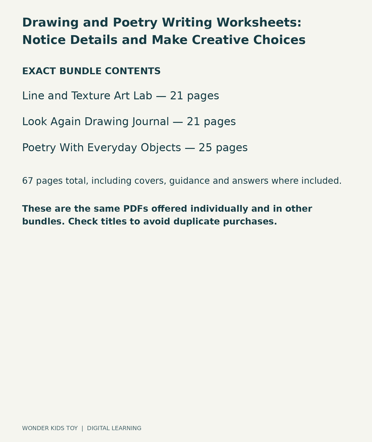 Drawing and Poetry Writing Worksheets: Notice Details and Make Creative Choices: exact contents, 3 PDFs and 67 total pages