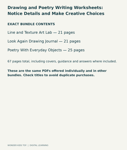 Drawing and Poetry Writing Worksheets: Notice Details and Make Creative Choices: exact contents, 3 PDFs and 67 total pages