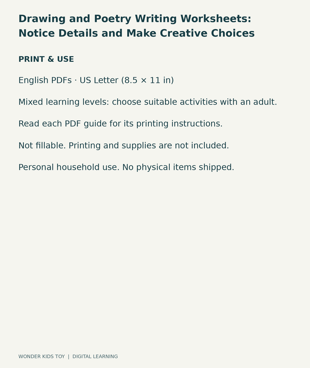 Drawing and Poetry Writing Worksheets: Notice Details and Make Creative Choices: US Letter digital PDF print and household-use information