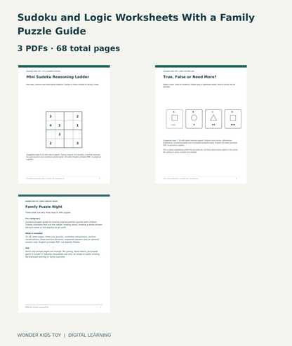 Sudoku and Logic Worksheets With a Family Puzzle Guide: actual included PDF covers