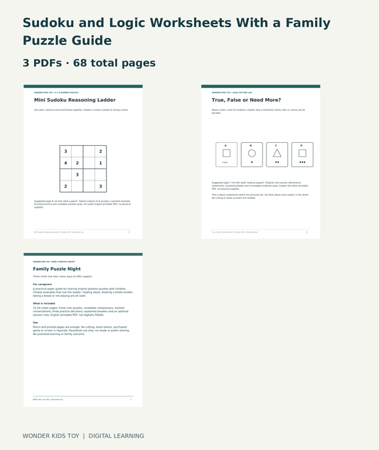 Sudoku and Logic Worksheets With a Family Puzzle Guide: actual included PDF covers