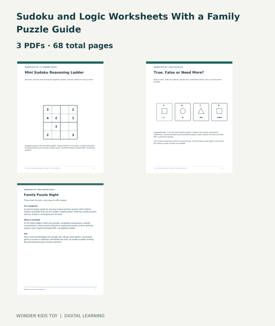 Sudoku and Logic Worksheets With a Family Puzzle Guide: actual included PDF covers
