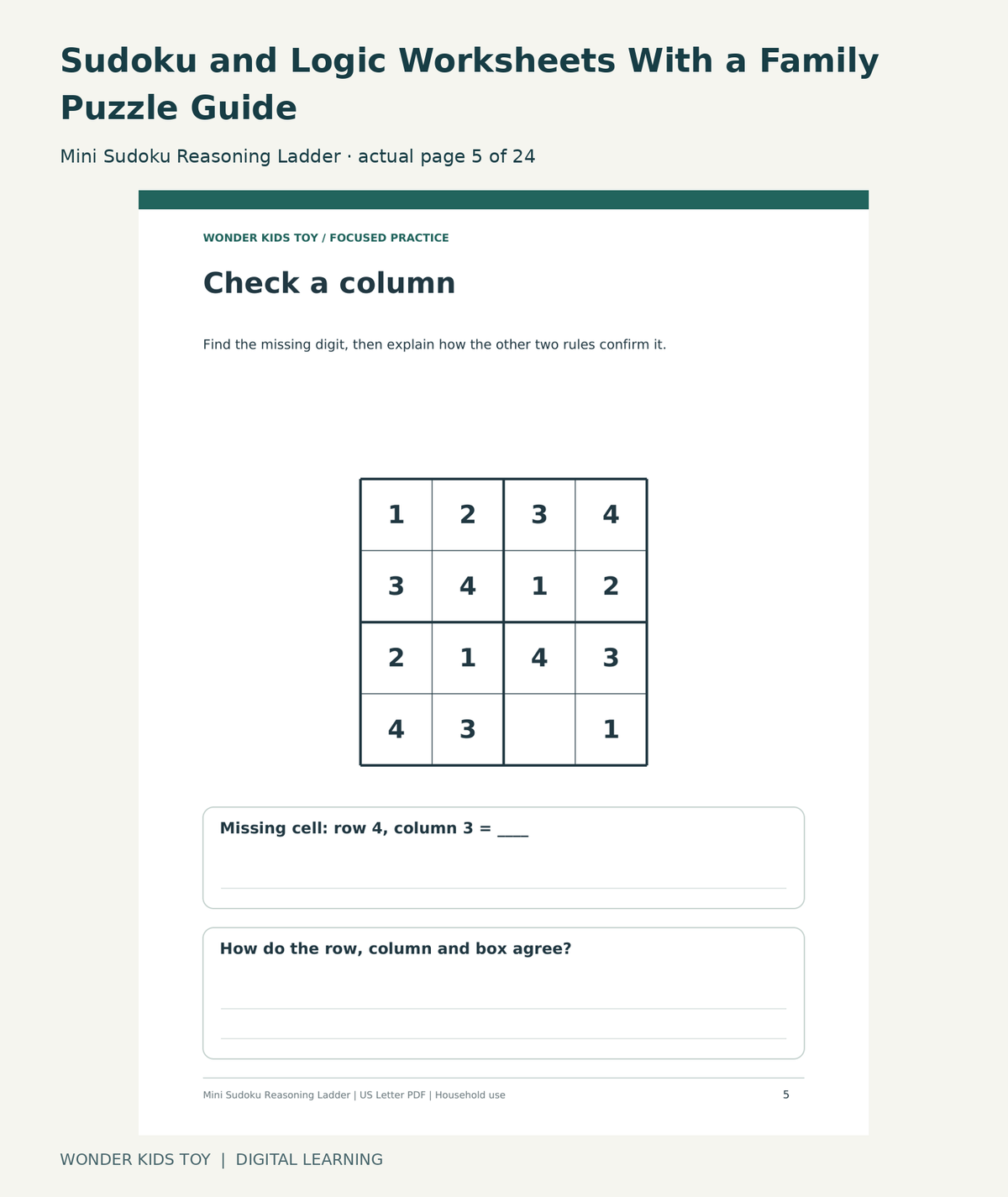 Sudoku and Logic Worksheets With a Family Puzzle Guide: Mini Sudoku Reasoning Ladder actual included page 5
