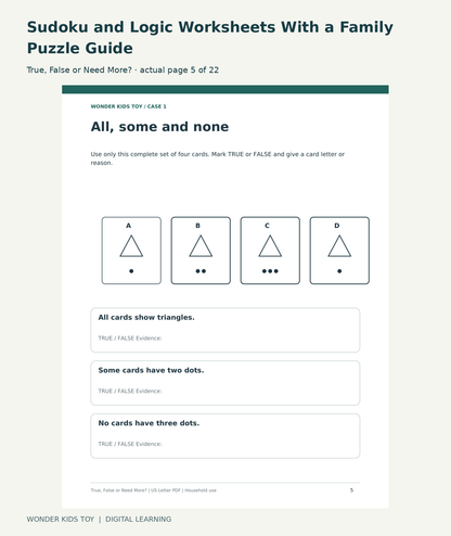 Sudoku and Logic Worksheets With a Family Puzzle Guide: True, False or Need More? actual included page 5
