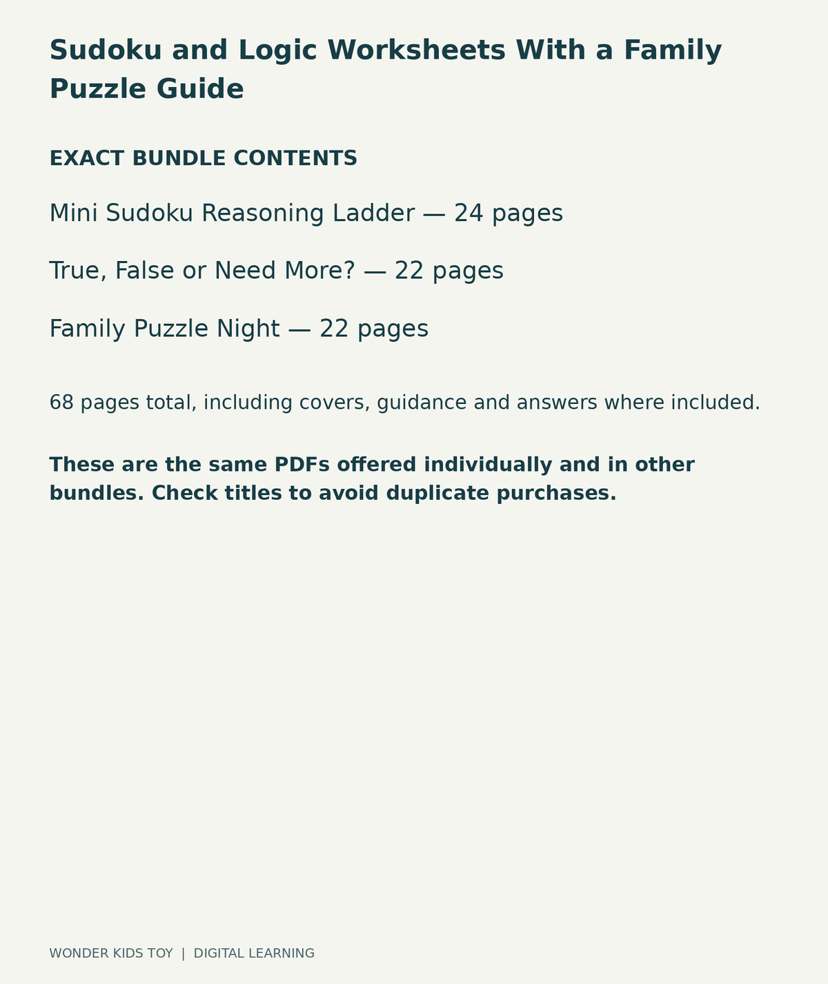 Sudoku and Logic Worksheets With a Family Puzzle Guide: exact contents, 3 PDFs and 68 total pages