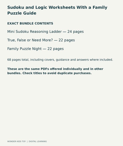 Sudoku and Logic Worksheets With a Family Puzzle Guide: exact contents, 3 PDFs and 68 total pages