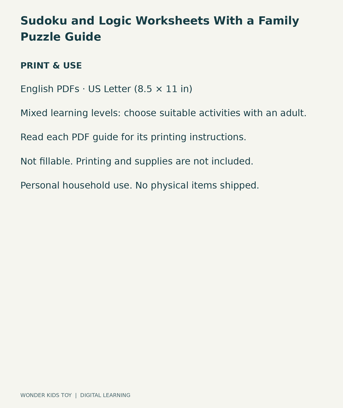 Sudoku and Logic Worksheets With a Family Puzzle Guide: US Letter digital PDF print and household-use information