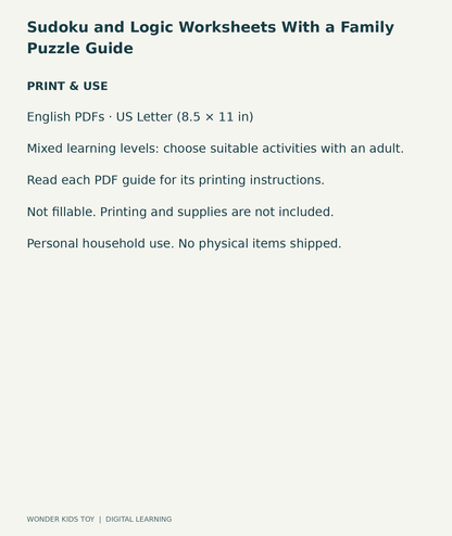 Sudoku and Logic Worksheets With a Family Puzzle Guide: US Letter digital PDF print and household-use information