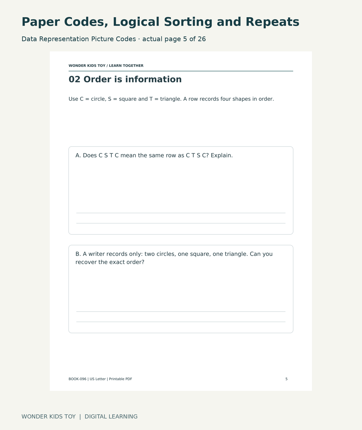 Paper Codes, Logical Sorting and Repeats: Data Representation Picture Codes actual included page 5