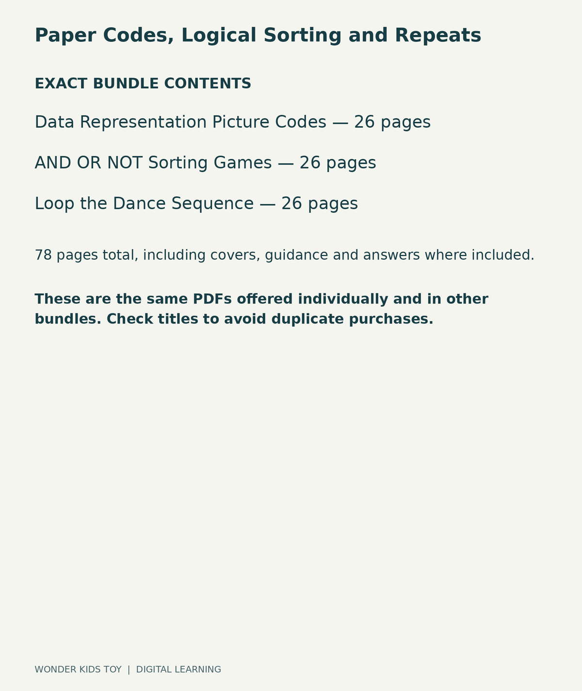 Paper Codes, Logical Sorting and Repeats: exact contents, 3 PDFs and 78 total pages
