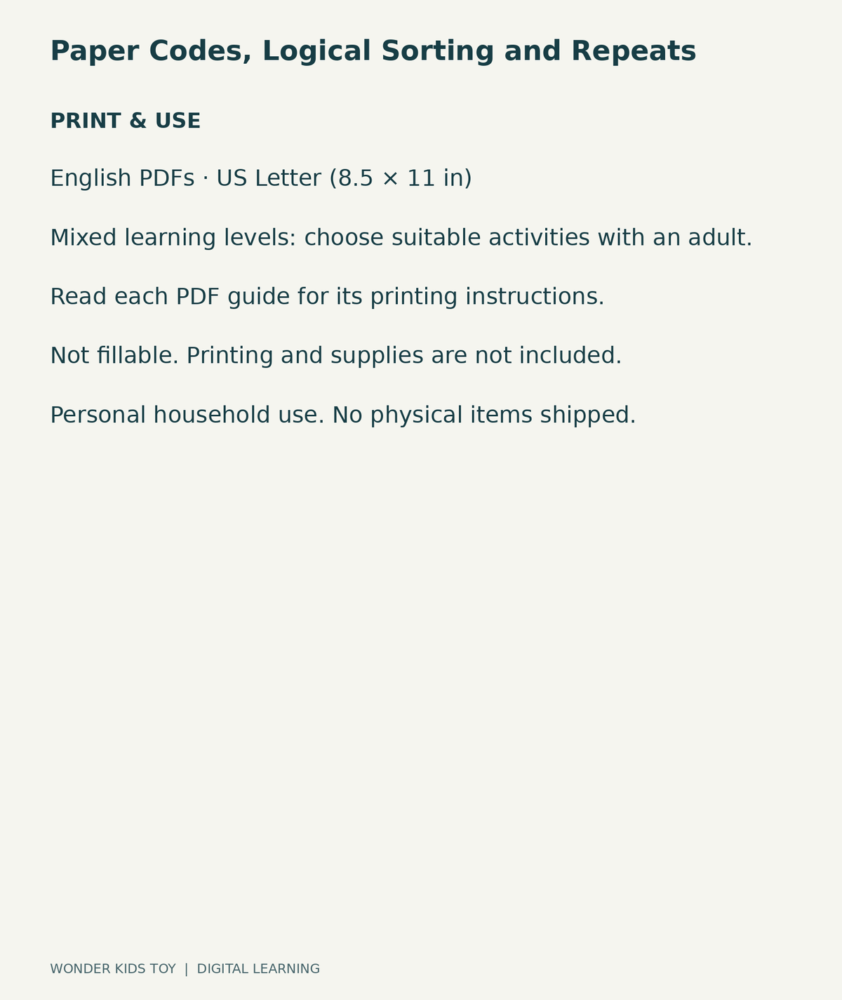 Paper Codes, Logical Sorting and Repeats: US Letter digital PDF print and household-use information