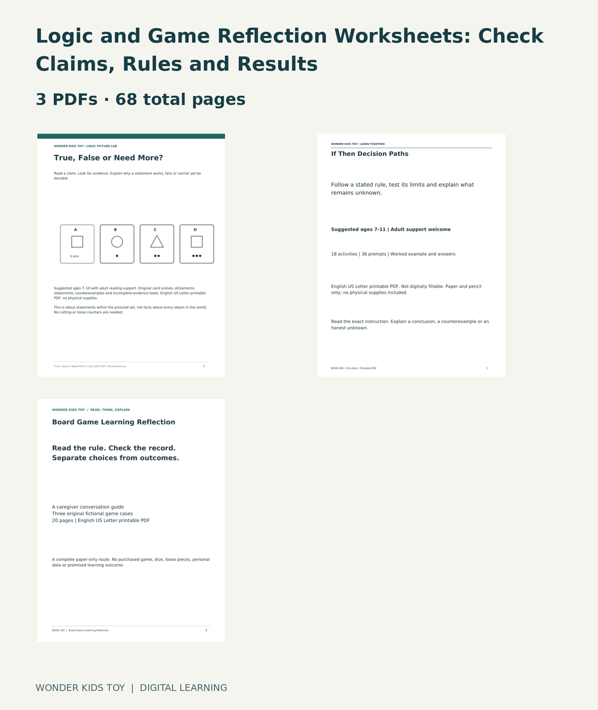 Logic and Game Reflection Worksheets: Check Claims, Rules and Results: actual included PDF covers