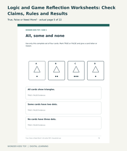 Logic and Game Reflection Worksheets: Check Claims, Rules and Results: True, False or Need More? actual included page 5