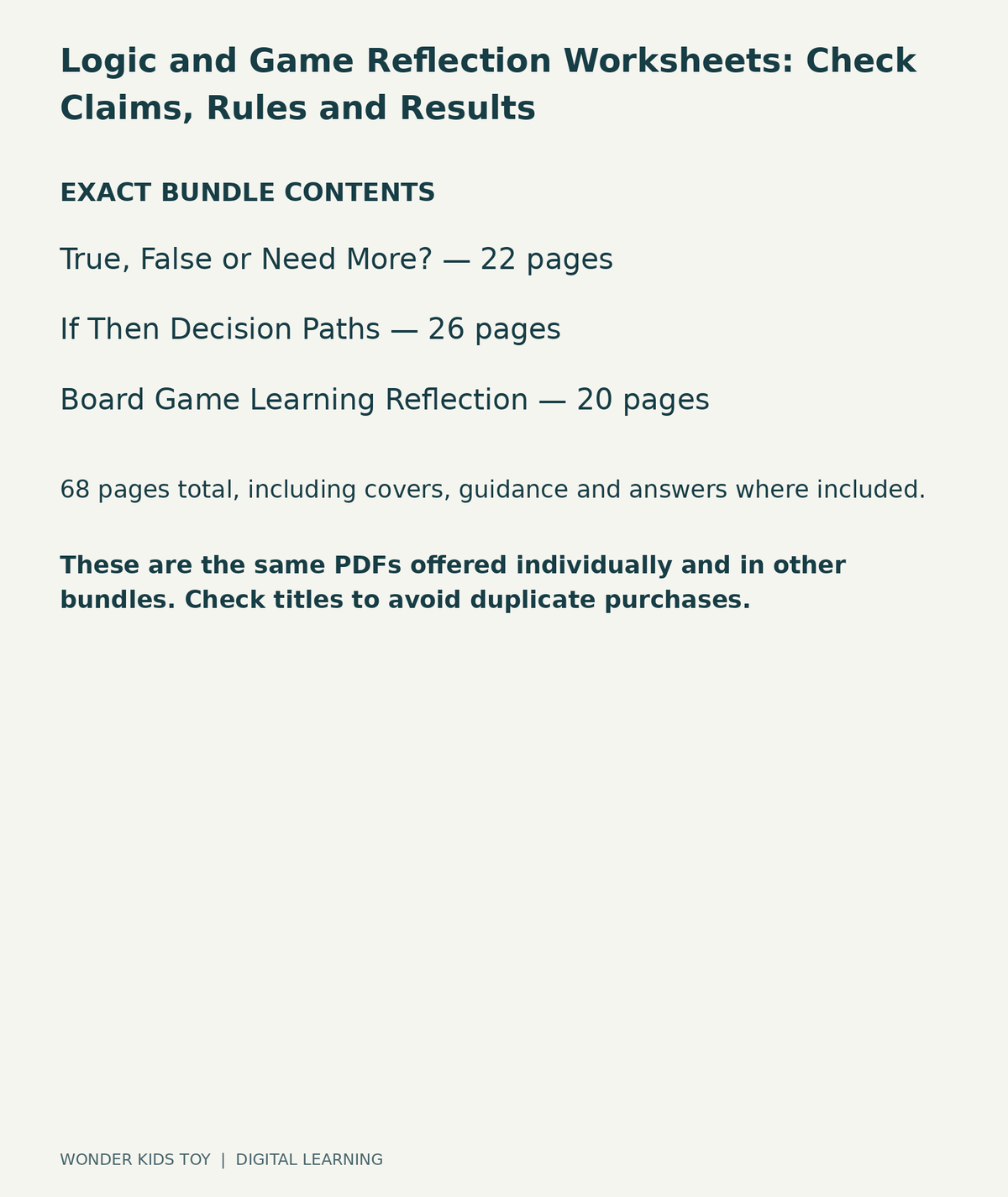 Logic and Game Reflection Worksheets: Check Claims, Rules and Results: exact contents, 3 PDFs and 68 total pages