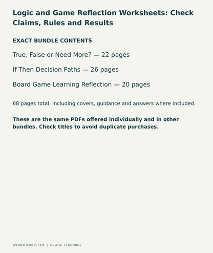 Logic and Game Reflection Worksheets: Check Claims, Rules and Results: exact contents, 3 PDFs and 68 total pages