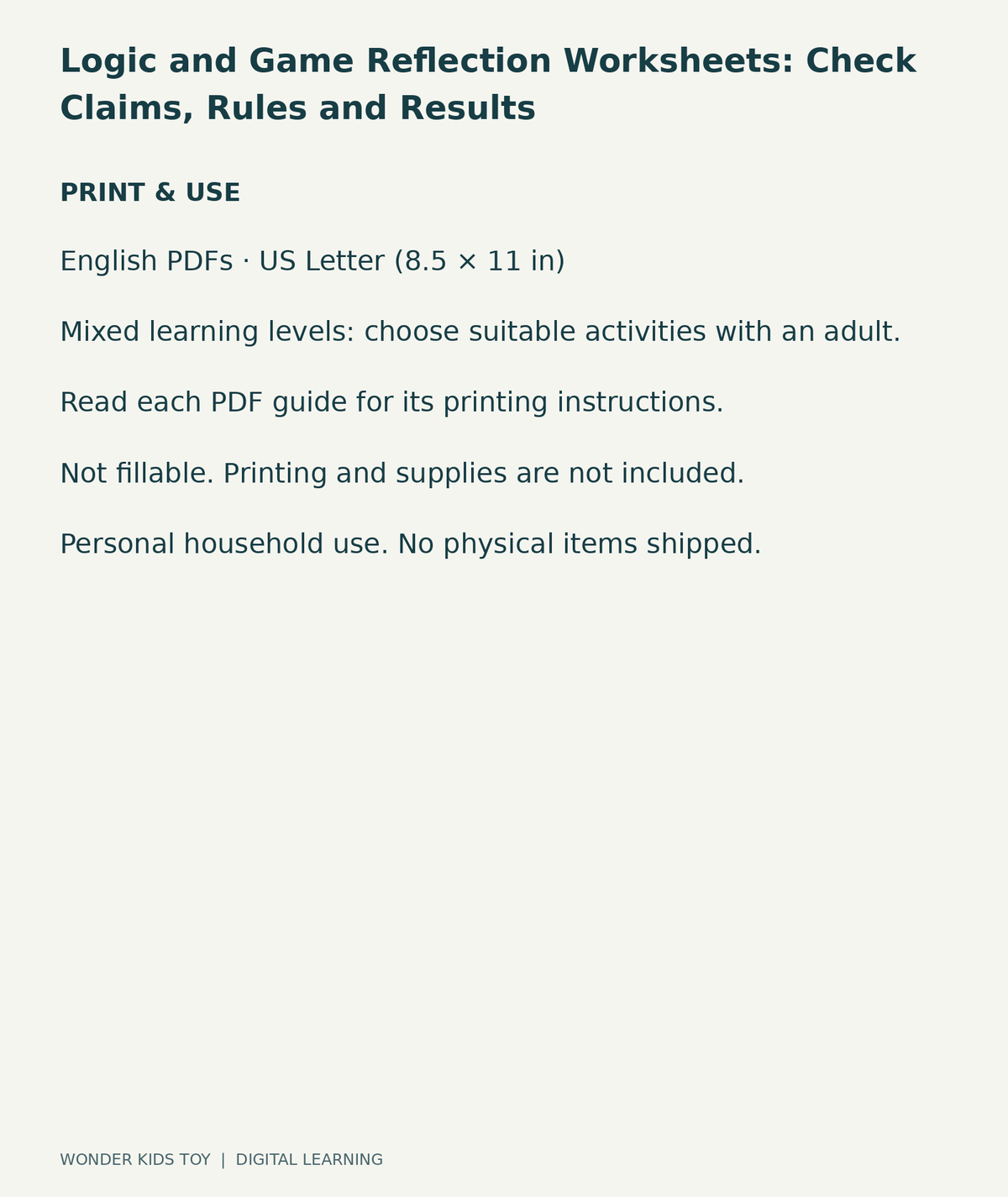 Logic and Game Reflection Worksheets: Check Claims, Rules and Results: US Letter digital PDF print and household-use information