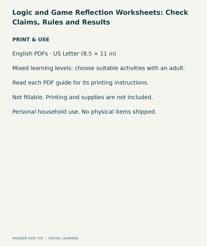 Logic and Game Reflection Worksheets: Check Claims, Rules and Results: US Letter digital PDF print and household-use information