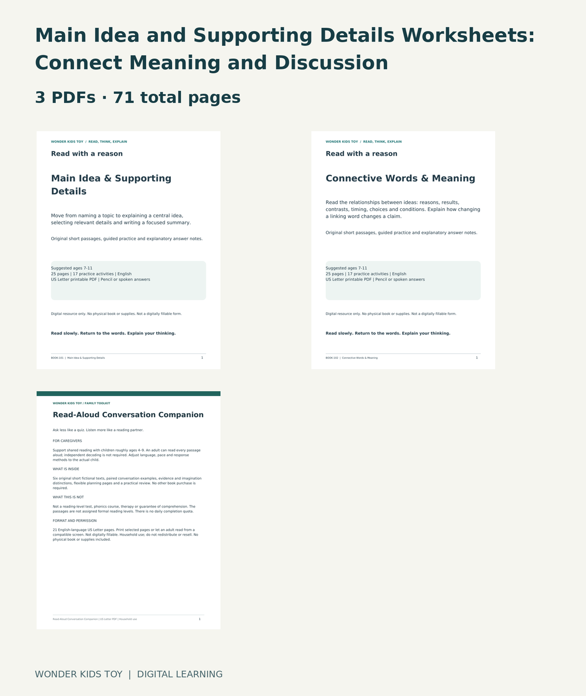 Main Idea and Supporting Details Worksheets: Connect Meaning and Discussion: actual included PDF covers