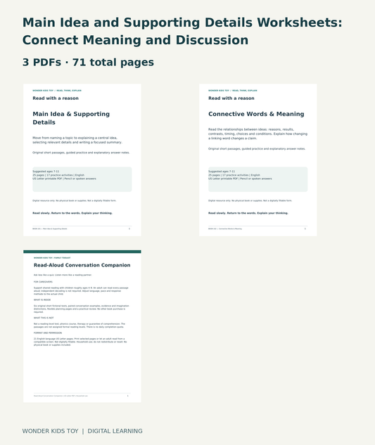 Main Idea and Supporting Details Worksheets: Connect Meaning and Discussion: actual included PDF covers