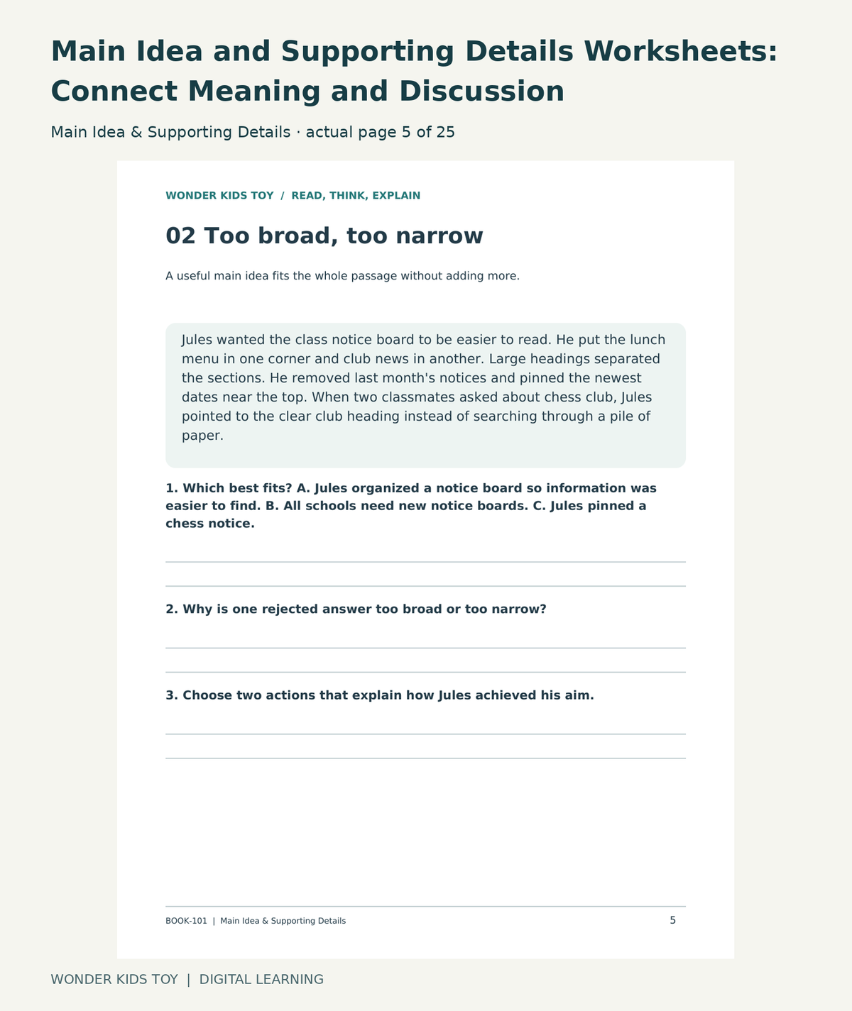 Main Idea and Supporting Details Worksheets: Connect Meaning and Discussion: Main Idea & Supporting Details actual included page 5