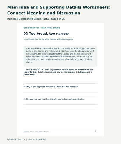 Main Idea and Supporting Details Worksheets: Connect Meaning and Discussion: Main Idea & Supporting Details actual included page 5
