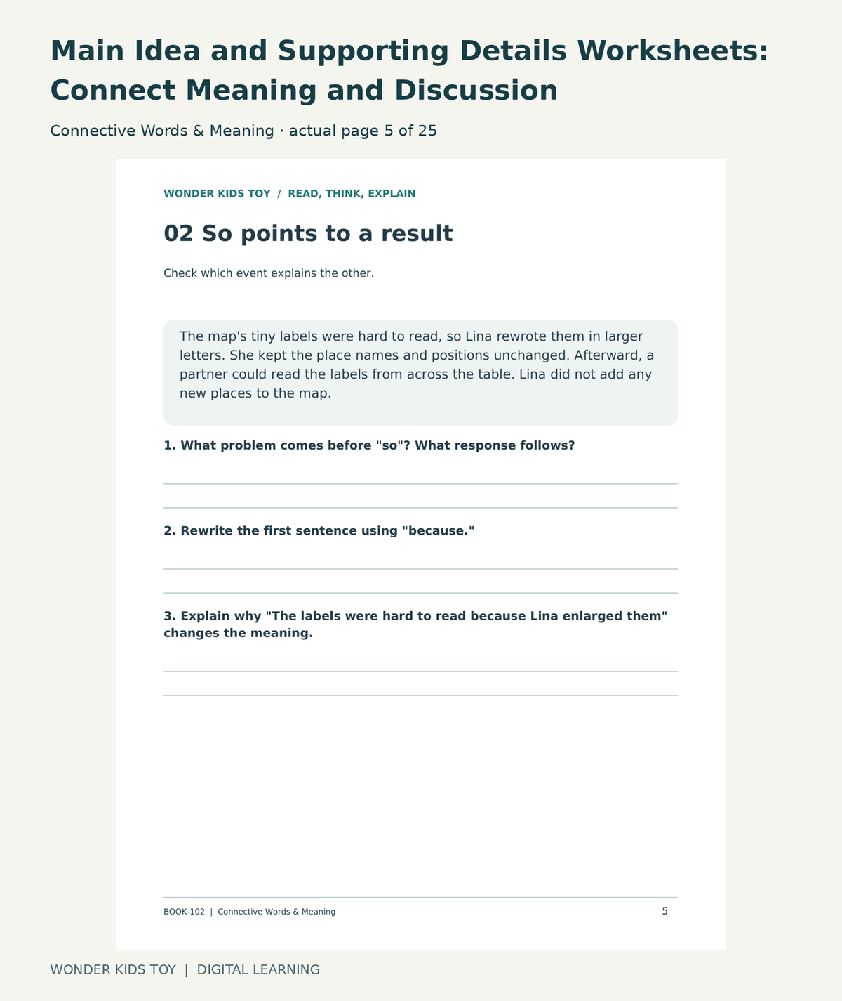 Main Idea and Supporting Details Worksheets: Connect Meaning and Discussion: Connective Words & Meaning actual included page 5