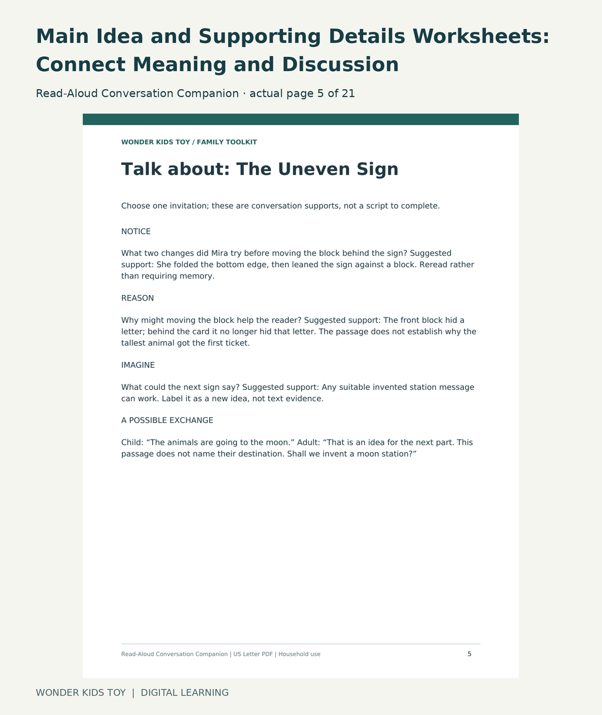 Main Idea and Supporting Details Worksheets: Connect Meaning and Discussion: Read-Aloud Conversation Companion actual included page 5