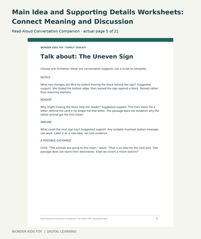 Main Idea and Supporting Details Worksheets: Connect Meaning and Discussion: Read-Aloud Conversation Companion actual included page 5