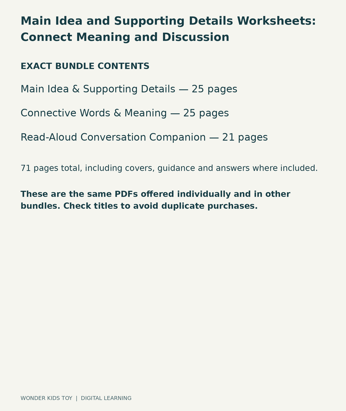 Main Idea and Supporting Details Worksheets: Connect Meaning and Discussion: exact contents, 3 PDFs and 71 total pages
