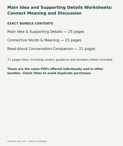 Main Idea and Supporting Details Worksheets: Connect Meaning and Discussion: exact contents, 3 PDFs and 71 total pages